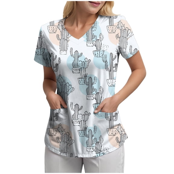 felwors Scrubs for Women Tops Animal Print Shirt V Neck Cartoon Pattern Short Sleeve Nursing Uniform with Pockets (Light Blue, XL)