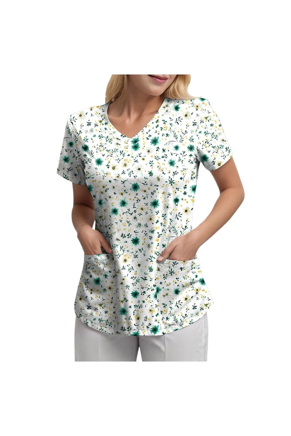 Scrubs for Women Tops Animal Print Shirt V Neck Cartoon Pattern Short Sleeve Nursing Uniform with Pockets (Light Green, XL)