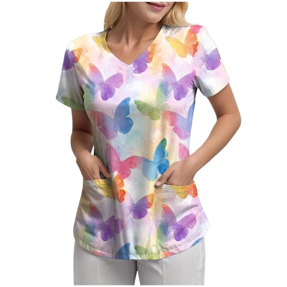felwors Scrubs for Women Tops Animal Print Shirt V Neck Cartoon Pattern Short Sleeve Nursing Uniform with Pockets (Light Yellow, S)