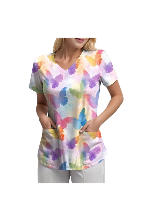 Scrubs for Women Tops Animal Print Shirt V Neck Cartoon Pattern Short Sleeve Nursing Uniform with Pockets (Light Yellow, XXXL)