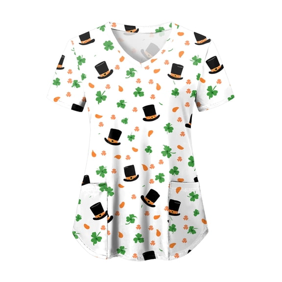 felwors Scrubs for Women Tops Animal Print Shirt V Neck Cartoon Pattern Short Sleeve Nursing Uniform with Pockets (Orange, M)