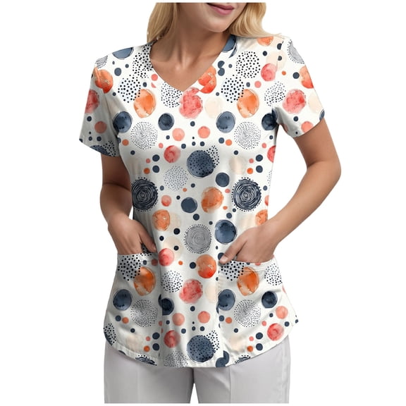 felwors Scrubs for Women Tops Animal Print Shirt V Neck Cartoon Pattern Short Sleeve Nursing Uniform with Pockets (Orange, XL)