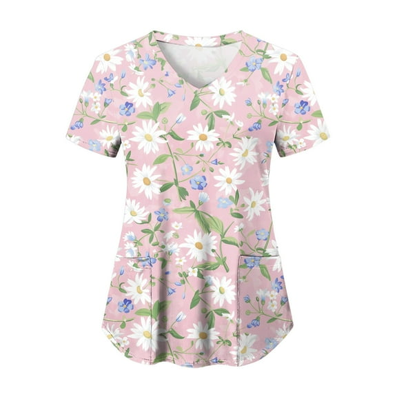 felwors Scrubs for Women Tops Animal Print Shirt V Neck Cartoon Pattern Short Sleeve Nursing Uniform with Pockets (Pink, XXL)