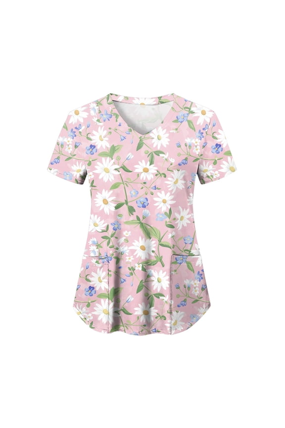 Scrubs for Women Tops Animal Print Shirt V Neck Cartoon Pattern Short Sleeve Nursing Uniform with Pockets (Pink, XXL)