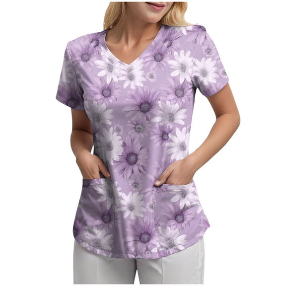 felwors Scrubs for Women Tops Animal Print Shirt V Neck Cartoon Pattern Short Sleeve Nursing Uniform with Pockets (Purple, XL)