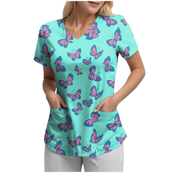 felwors Scrubs for Women V Neck Short Sleeve Animal Print Nursing Uniform Top with Pockets - Stretch Medical Scrub Shirt (Mint Green, XXXL)