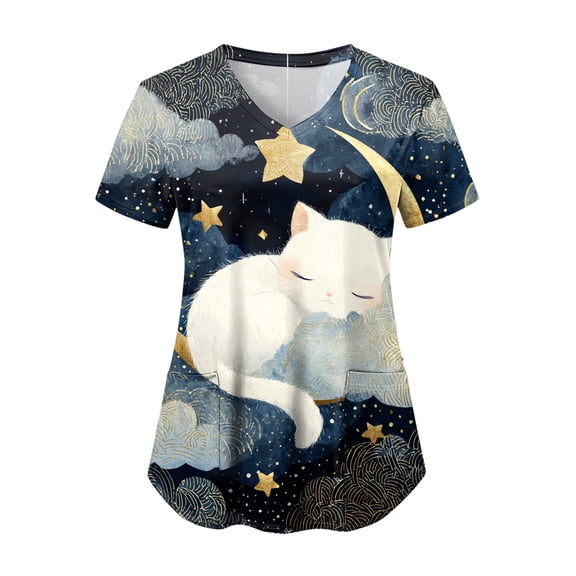 felwors Scrubs for Women V-Neck Short Sleeve Printed Scrub Tops Plus Size Durable Soft Stretch Nursing Scrubs with Pockets (Grey, XXXL)