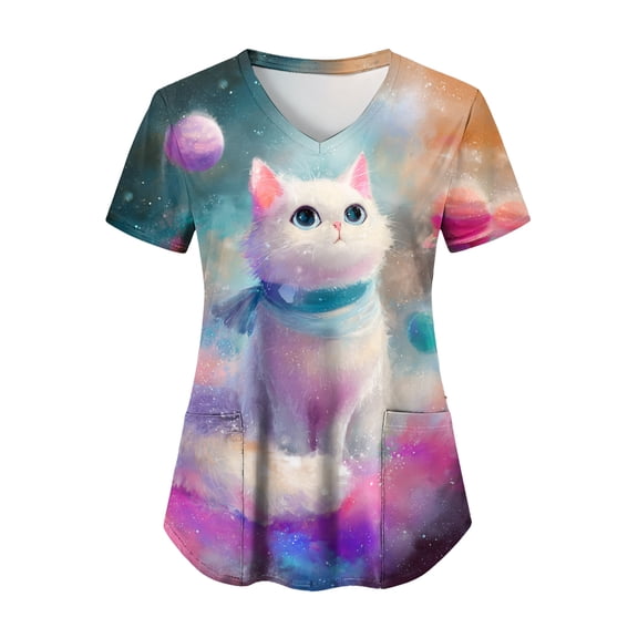 felwors Scrubs for Women V-Neck Short Sleeve Printed Scrub Tops Plus Size Durable Soft Stretch Nursing Scrubs with Pockets (Light Pink, XXXL)