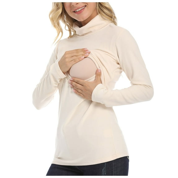 felwors Shirts for Women Cotton Turtleneck Breastfeeding Tees Long Sleeve Maternity Top Comfort Pregnancy Blouse 2025 Beige, S