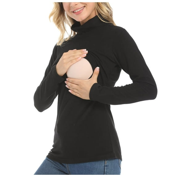felwors Shirts for Women Cotton Turtleneck Breastfeeding Tees Long Sleeve Maternity Top Comfort Pregnancy Blouse 2025 Black, M