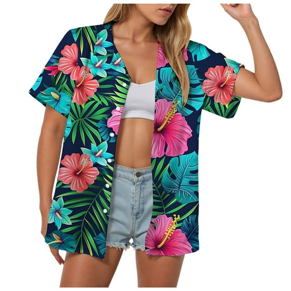 felwors Shirts for Women Tropical Shirt Beach Button Down Short Sleeve Blouses Floral Top Outfits 2025 Hot Pink, XL