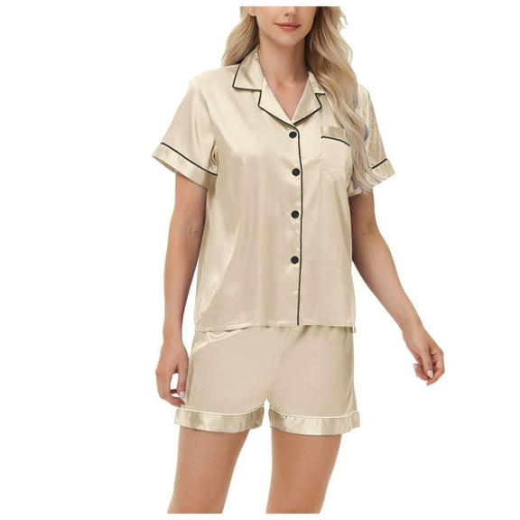 felwors Silk Pajamas for Women Set Short Sleeve Sleepwear Soft Button Down Loungewear 2 Piece Satin Pjs Shorts Set Beige, S