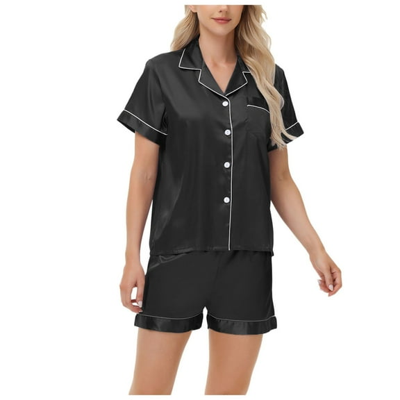 felwors Silk Pajamas for Women Set Short Sleeve Sleepwear Soft Button Down Loungewear 2 Piece Satin Pjs Shorts Set Black, XXL
