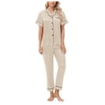 thumbnail image 1 of felwors Silk Satin Pajamas Set Women Short Sleeve Sleepwear Soft Button Down Loungewear Pjs Set Beige, M, 1 of 8