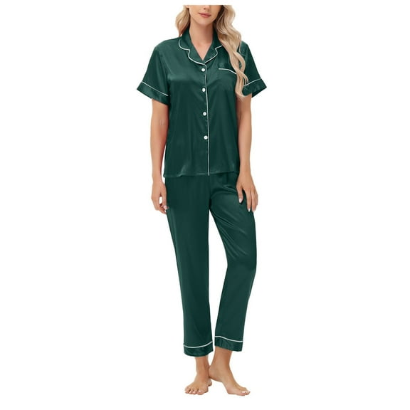 felwors Silk Satin Pajamas Set Women Short Sleeve Sleepwear Soft Button Down Loungewear Pjs Set Green, L