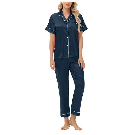 felwors Silk Satin Pajamas Set Women Short Sleeve Sleepwear Soft Button Down Loungewear Pjs Set Navy, L