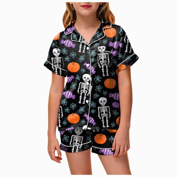 felwors Silky Satin Kids' Pajama Set Breathable & Smooth Unisex Button-Down Pajamas Cute Pastel Pink Halloween (White,10-11 Years)