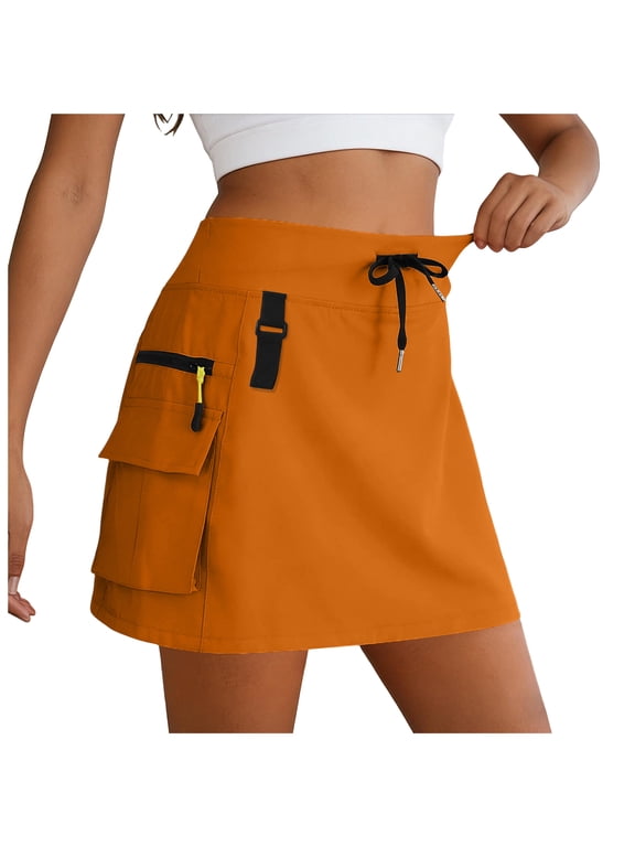 Skorts for Woman - Hiking Cargo Skorts with Zipper Pockets, High Waisted Quick Dry Golf Workout, Dressy Casual (Orange, XXL)
