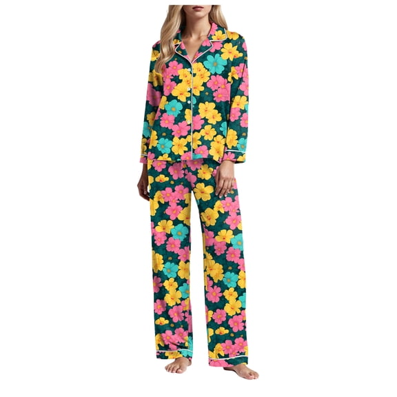 felwors Small Fresh Watercolor 2 Piece Women Satin Pajamas Set Casual Loungewear Oversized Light Yellow, XXL