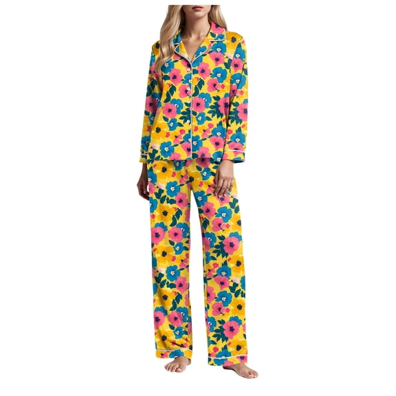 felwors Small Fresh Watercolor 2 Piece Women Satin Pajamas Set Casual Loungewear Oversized Sky Blue, L