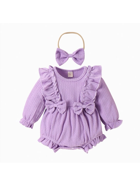 Smocked Baby Girl Clothes Newborn Girl Bubble Romper Long Sleeve Jumpsuit and Headband Outfit Cute Infant Clothing