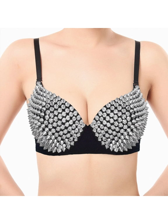Spiked Bra Studded Performance Bra Punk Silver Metallic Rivet with Adjustable Strap for Club Dance & Carnival B for Size XS