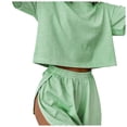 thumbnail image 1 of felwors Split Short Pajama Set, Pajama Set,Women's Striped Tee Shirts and Shorts Pajamas Set Side Slit Crewneck Green, M, 1 of 6