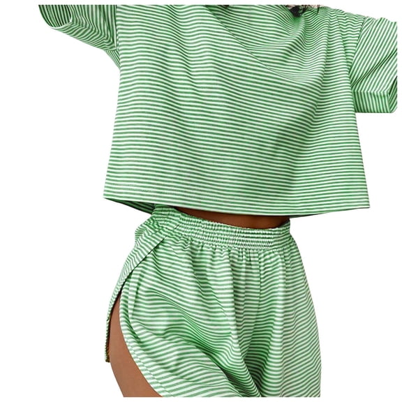 felwors Split Short Pajama Set, Pajama Set,Women's Striped Tee Shirts and Shorts Pajamas Set Side Slit Crewneck Green, M