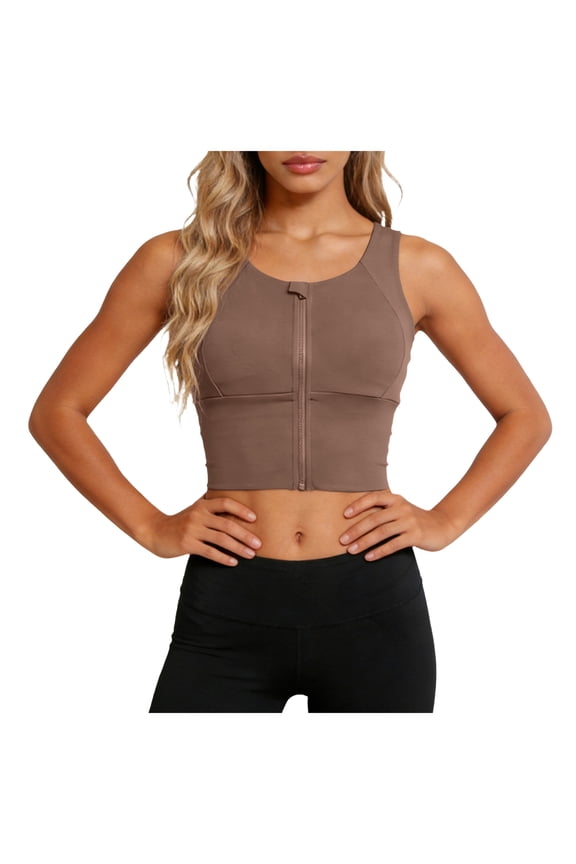 Sports Bras for Women Plus Size High Impact Wirefree Bra High Support Front Zipper Workout Top for Running Gym Fitness (Brown, XXL)
