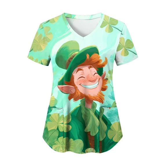 felwors St Patrick Day Shirts Women Holiday-Themed Clover Print Scrub Tops Soft Cozy Nurse Uniform Shirt (Mint Green, XXL)