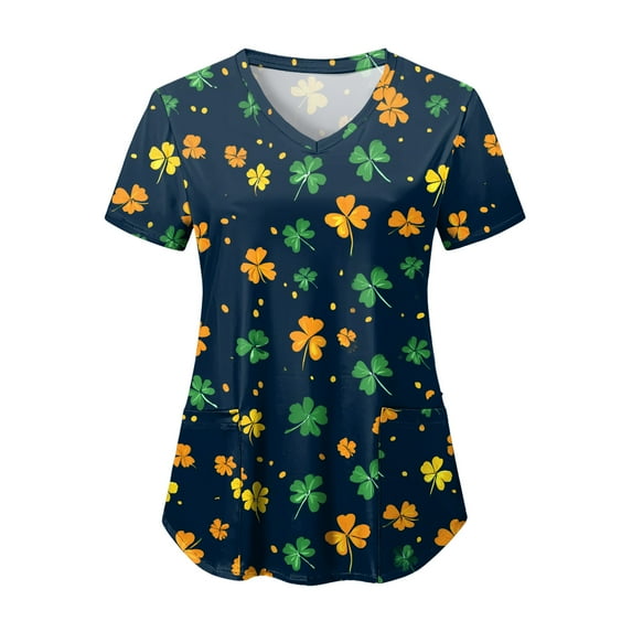 felwors St. Patrick's Day Scrub Tops Women Cute V Neck Short Sleeve Green Shamrocks Printed Nurse Holiday Working Uniforms (Black, S)