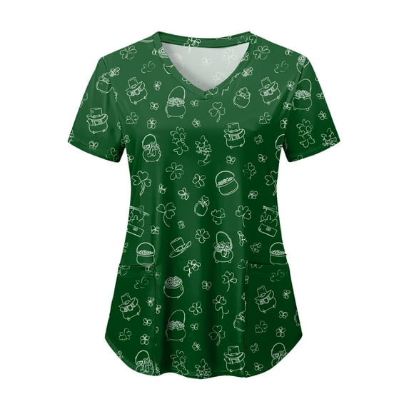 felwors St. Patrick's Day Scrub Tops Women Cute V Neck Short Sleeve Green Shamrocks Printed Nurse Holiday Working Uniforms (Dark Green, XXXL)