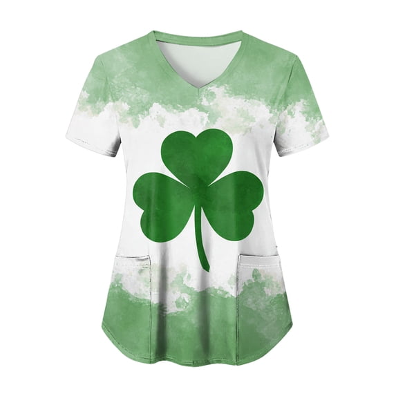 felwors St. Patrick's Day Scrub Tops Women Cute V Neck Short Sleeve Green Shamrocks Printed Nurse Holiday Working Uniforms (Light Green, L)