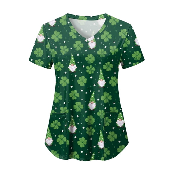 felwors St Patricks Day Scrub Tops for Women Short Sleeve V Neck Scrubs Lucky Shamrock Print Plus Size Medical Uniform Shirts (Dark Green, XXL)