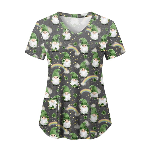 felwors St Patricks Day Scrub Tops for Women Short Sleeve V Neck Scrubs Lucky Shamrock Print Plus Size Medical Uniform Shirts (Grey, XXXL)