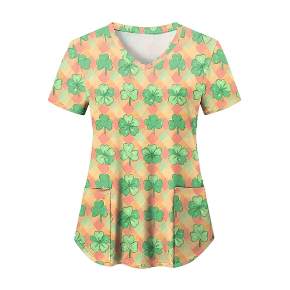 felwors St Patricks Day Scrub Tops for Women Short Sleeve V Neck Scrubs Lucky Shamrock Print Plus Size Medical Uniform Shirts (Orange, L)