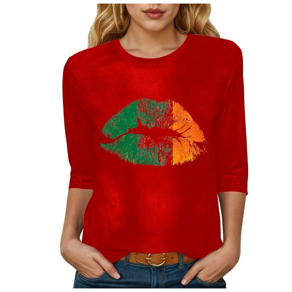 felwors St Patricks Day Shirt Women 2025 Casual Plus Size 3/4 Sleeve Irish Clover Shirts Funny Saint Patrick's Tunic Tops (Red, S)