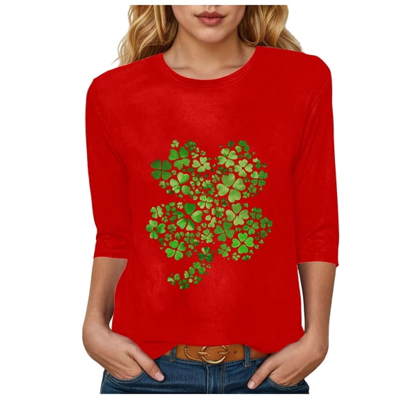 felwors St Patricks Day Shirt Women 2025 Casual Plus Size 3/4 Sleeve Irish Clover Shirts Funny Saint Patrick's Tunic Tops (Red, XL)