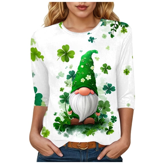 felwors St Patricks Day Shirt Women 2025 Casual Plus Size 3/4 Sleeve Irish Clover Shirts Funny Saint Patrick's Tunic Tops (White, M)