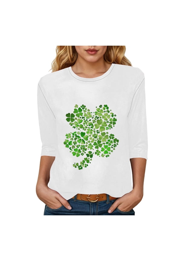 St Patricks Day Shirt Women 2025 Casual Plus Size 3/4 Sleeve Irish Clover Shirts Funny Saint Patrick's Tunic Tops (White, S)