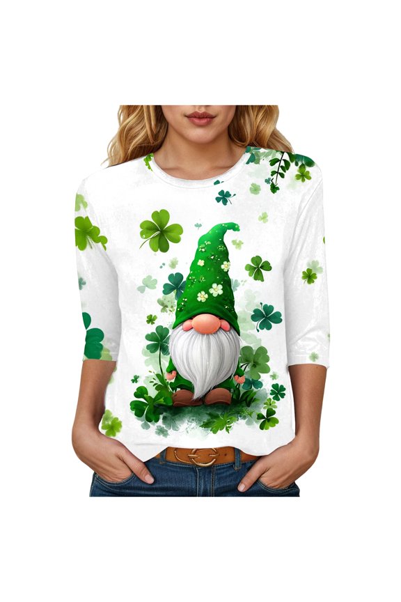 St Patricks Day Shirt Women 2025 Casual Plus Size 3/4 Sleeve Irish Clover Shirts Funny Saint Patrick's Tunic Tops (White, XXL)