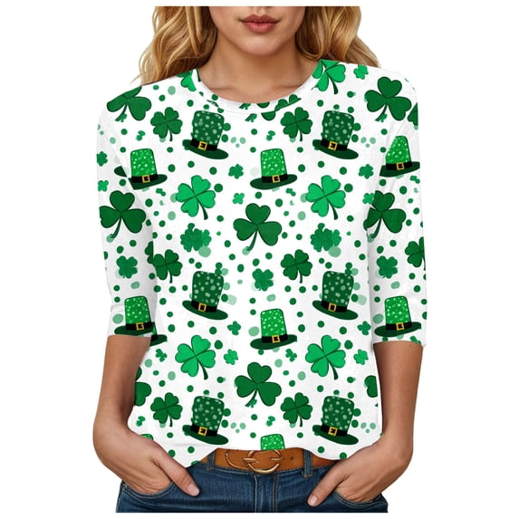 felwors St Patricks Day Shirt Women Plus Size Funny 3/4 Sleeve Cute Saints Tops Shamrock Shirts Lucky Irish Shamrocks Outfit (Green, S)