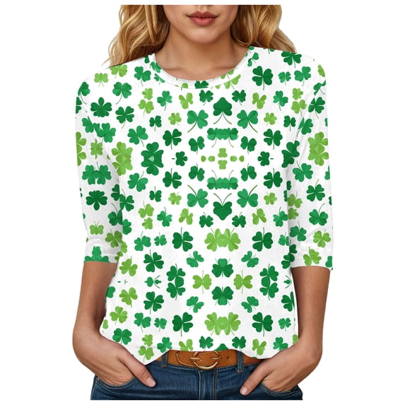 felwors St Patricks Day Shirt Women Plus Size Funny 3/4 Sleeve Cute Saints Tops Shamrock Shirts Lucky Irish Shamrocks Outfit (Light Green, M)