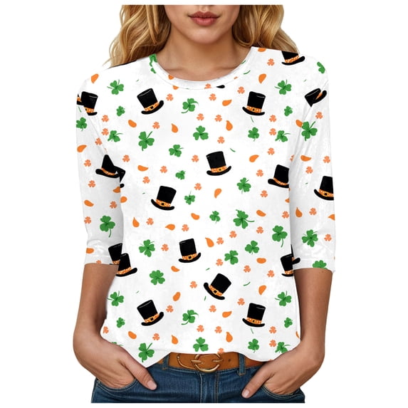 felwors St Patricks Day Shirt Women Plus Size Funny 3/4 Sleeve Cute Saints Tops Shamrock Shirts Lucky Irish Shamrocks Outfit (Orange, L)