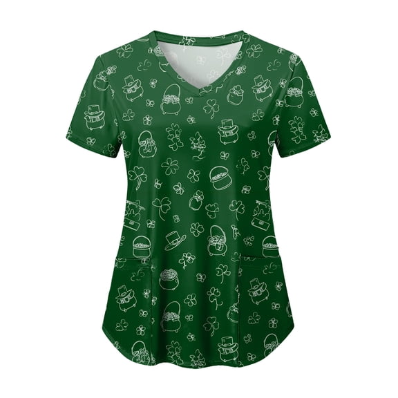 felwors St Patricks Day Shirt Women Shamrocks Printed V Neck Short Sleeve Nursing Uniform Scrubs Shirts with Pockets (Dark Green, M)