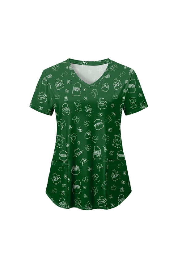 St Patricks Day Shirt Women Shamrocks Printed V Neck Short Sleeve Nursing Uniform Scrubs Shirts with Pockets (Dark Green, S)