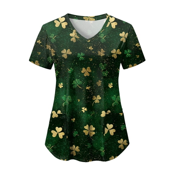 felwors St Patricks Day Shirt Women Shamrocks Printed V Neck Short Sleeve Nursing Uniform Scrubs Shirts with Pockets (Gold, XL)