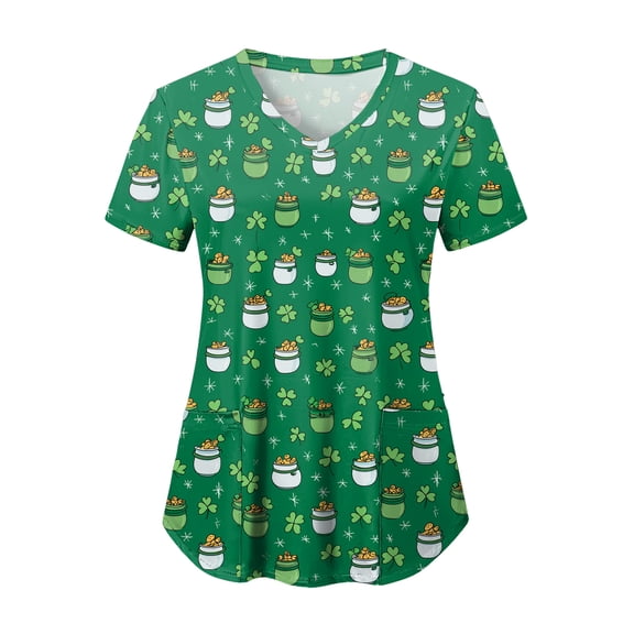 felwors St Patricks Day Shirt Women Shamrocks Printed V Neck Short Sleeve Nursing Uniform Scrubs Shirts with Pockets (Mint Green, XL)