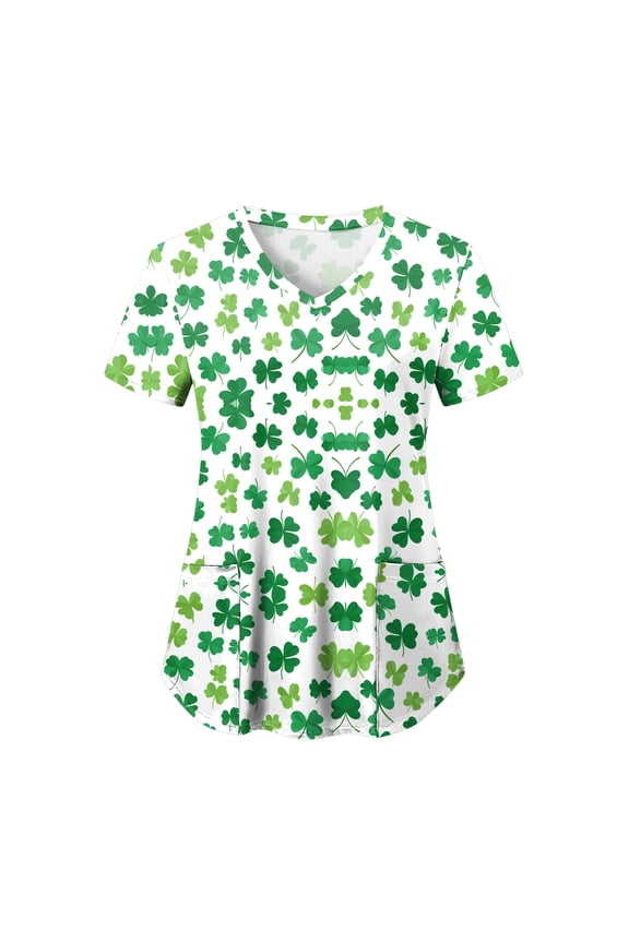 St Patricks Day Shirt Women St Patricks Day Outfits for Women Soft Cozy V Neck Printed Tops Nurse Uniform Shirt (White, S)