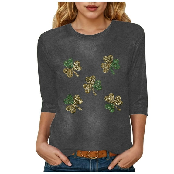 felwors St Patty's Day Shirt Women 2025 Casual Plus Size 3/4 Sleeve Irish Clover Shirts Funny Saint Patrick's Tunic Tops (Dark Gray, S)